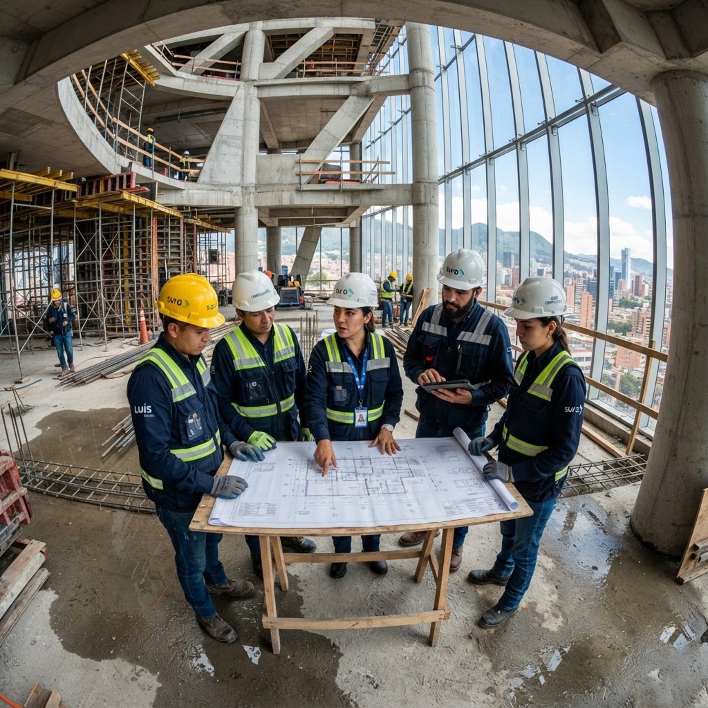 Equipo de ingeniería de 360SPACES revisando planos en obra